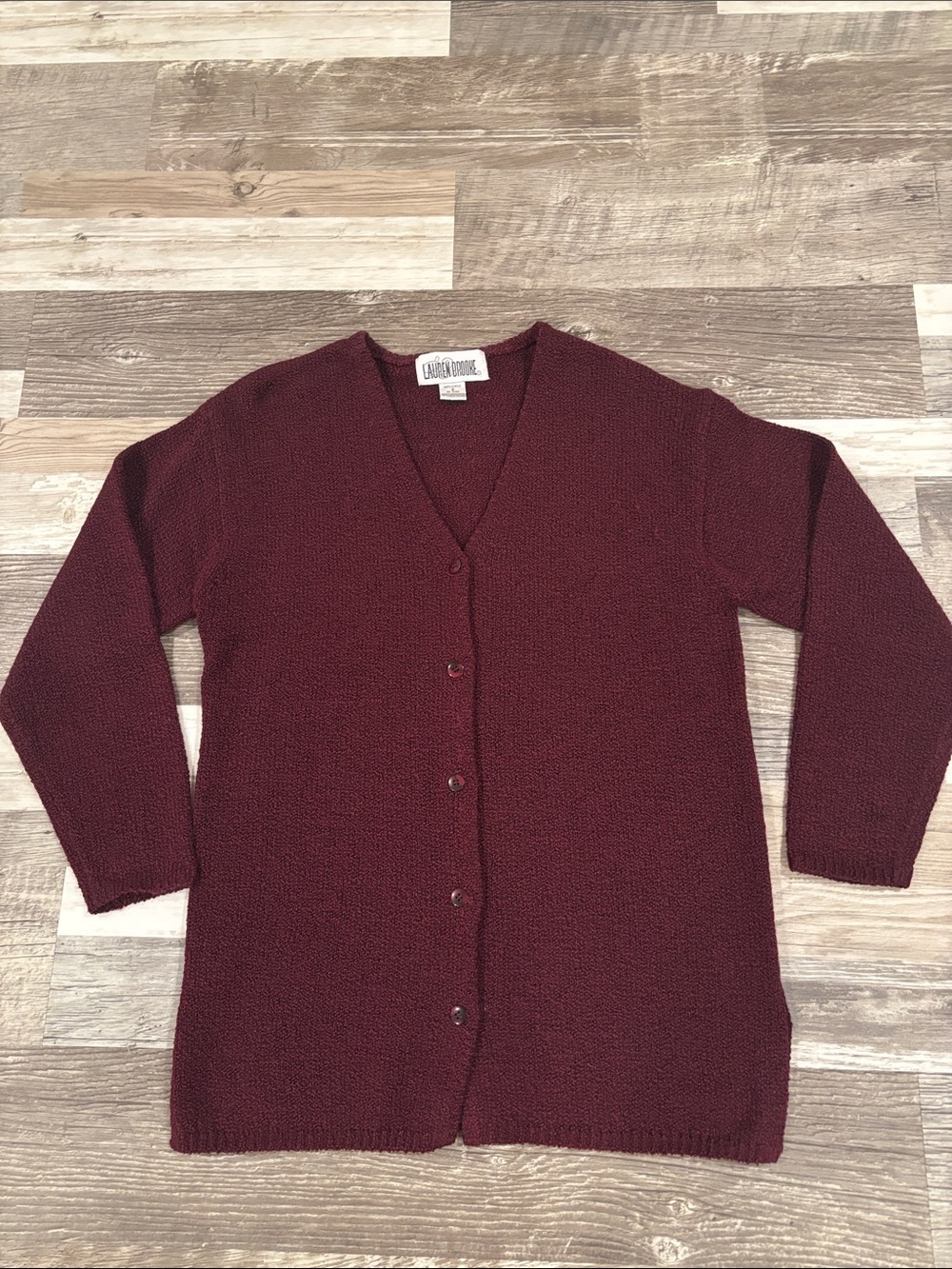 Lauren Brooke Wine V-Neck Button Cardigan